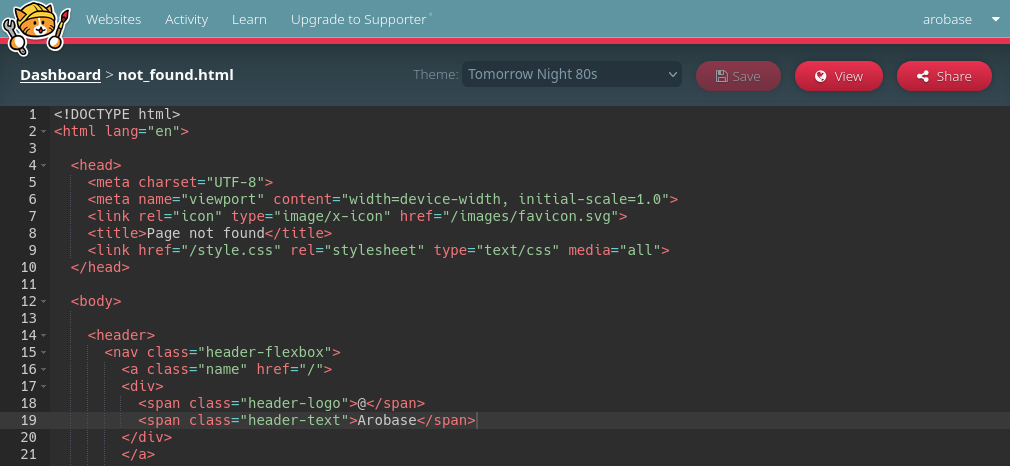 a screenshot of the Neocities text editor with an html file
      for one of the pages of this website open
